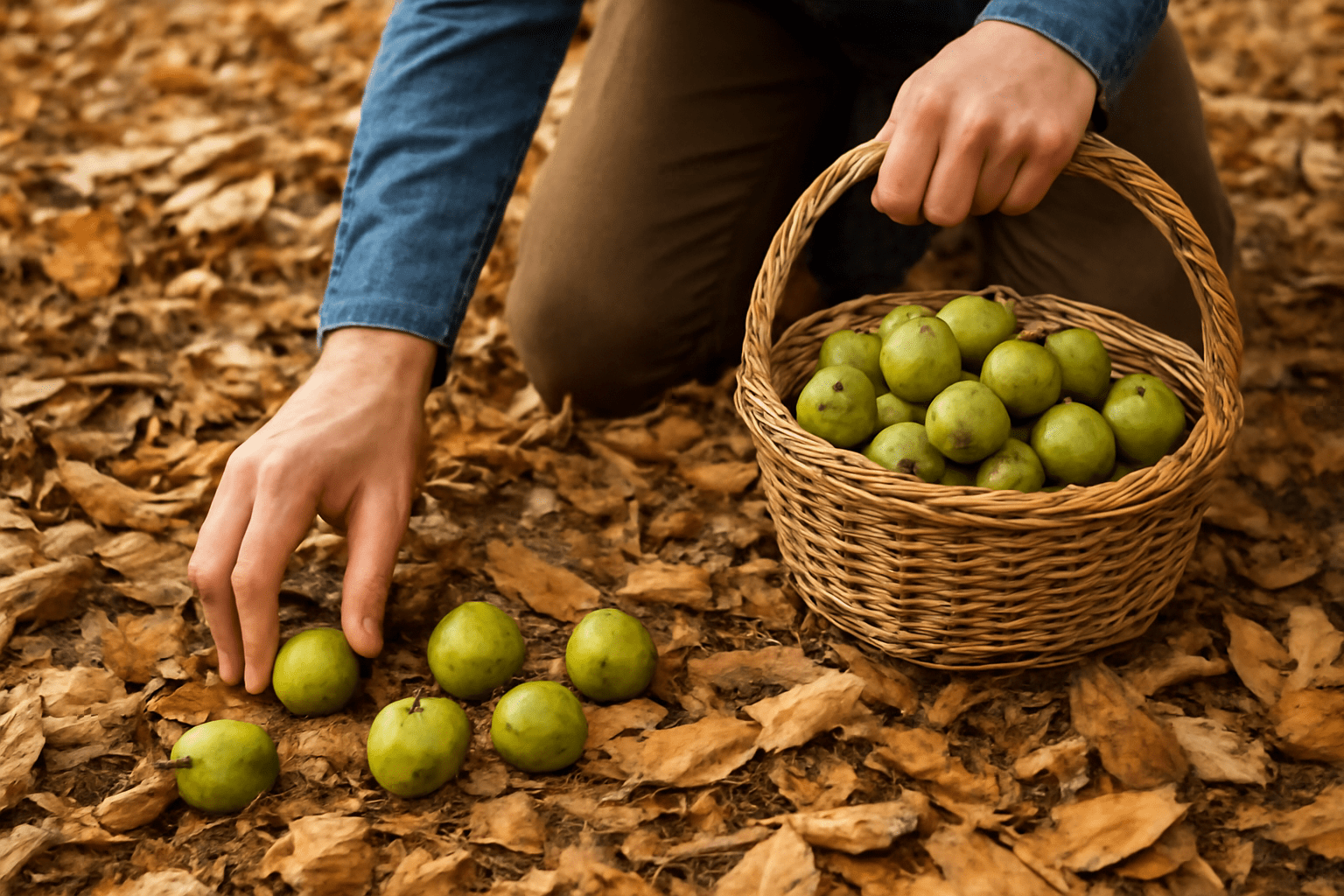 "Person harvesting fresh hickory nuts from the ground."