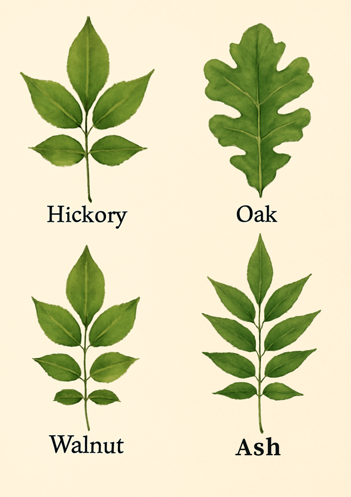"Comparison of hickory, oak, walnut, and ash tree leaves, highlighting shape, texture, and leaf arrangement differences."
