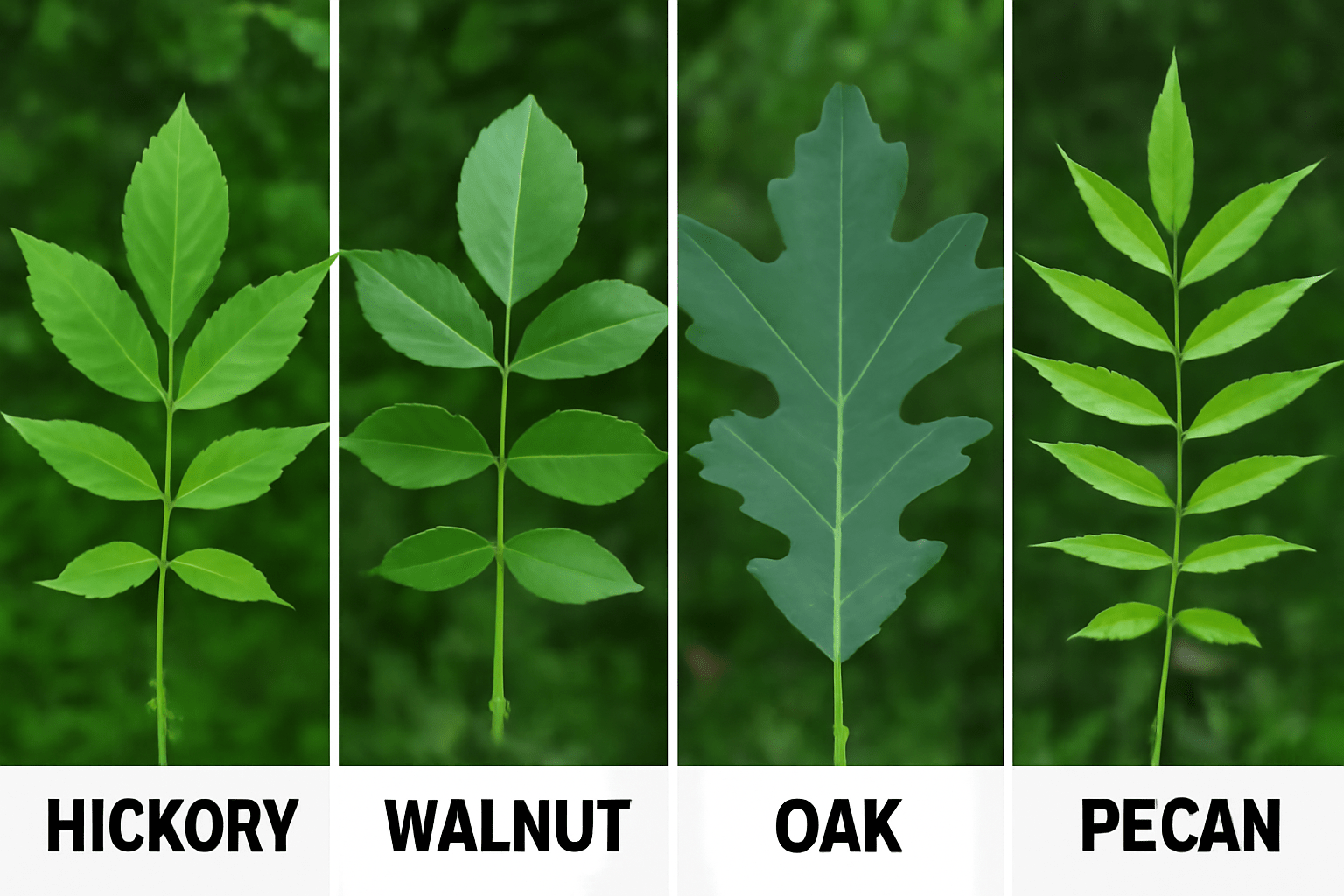 "Side-by-side comparison of hickory, walnut, oak, and pecan leaves, highlighting differences."