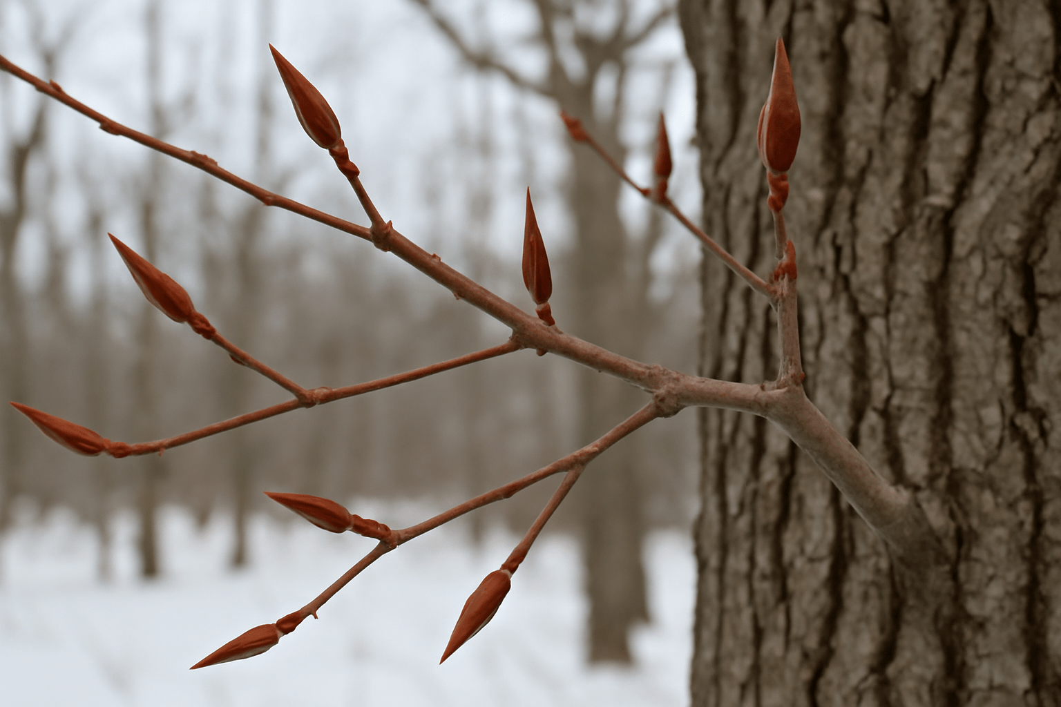 "Winter view of an old hickory tree with slender reddish-brown twigs and pointed buds."