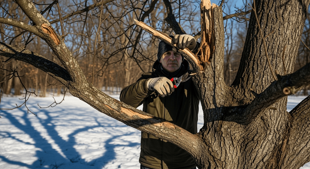 "Gardener pruning an old hickory tree in winter, removing dead branches."