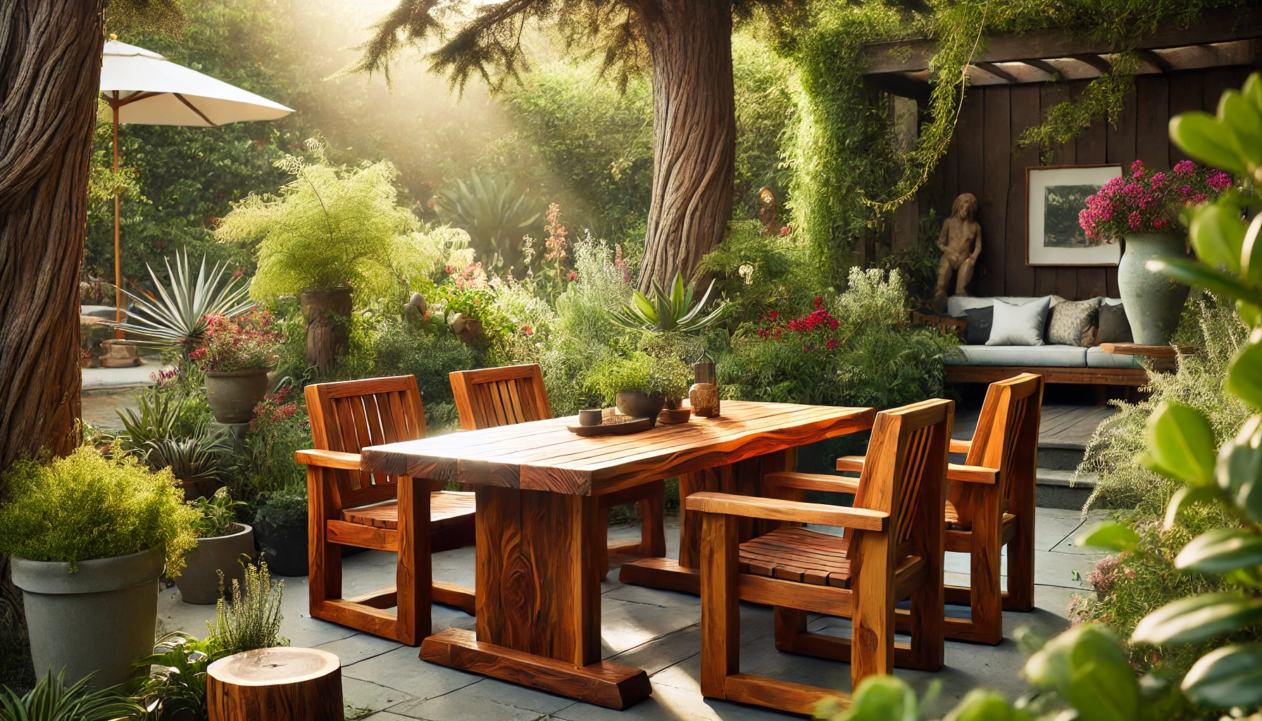 A serene outdoor dining area featuring a wooden table and chairs, surrounded by lush greenery and blooming flowers in soft sunlight.