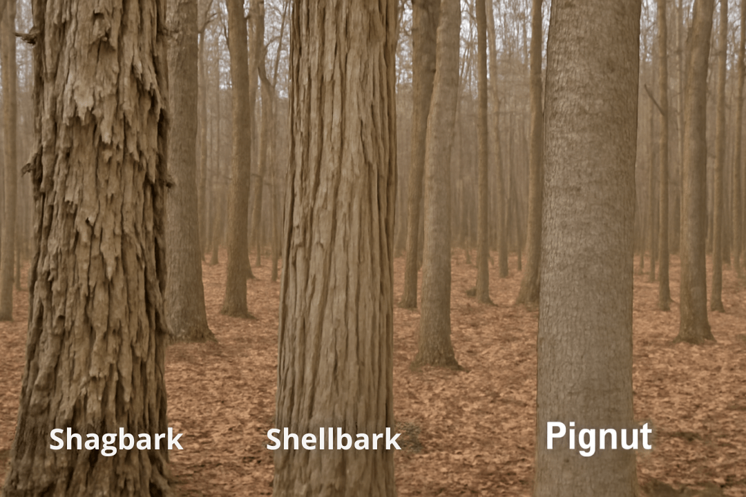 "Three types of hickory trees: Shagbark, Shellbark, and Pignut."