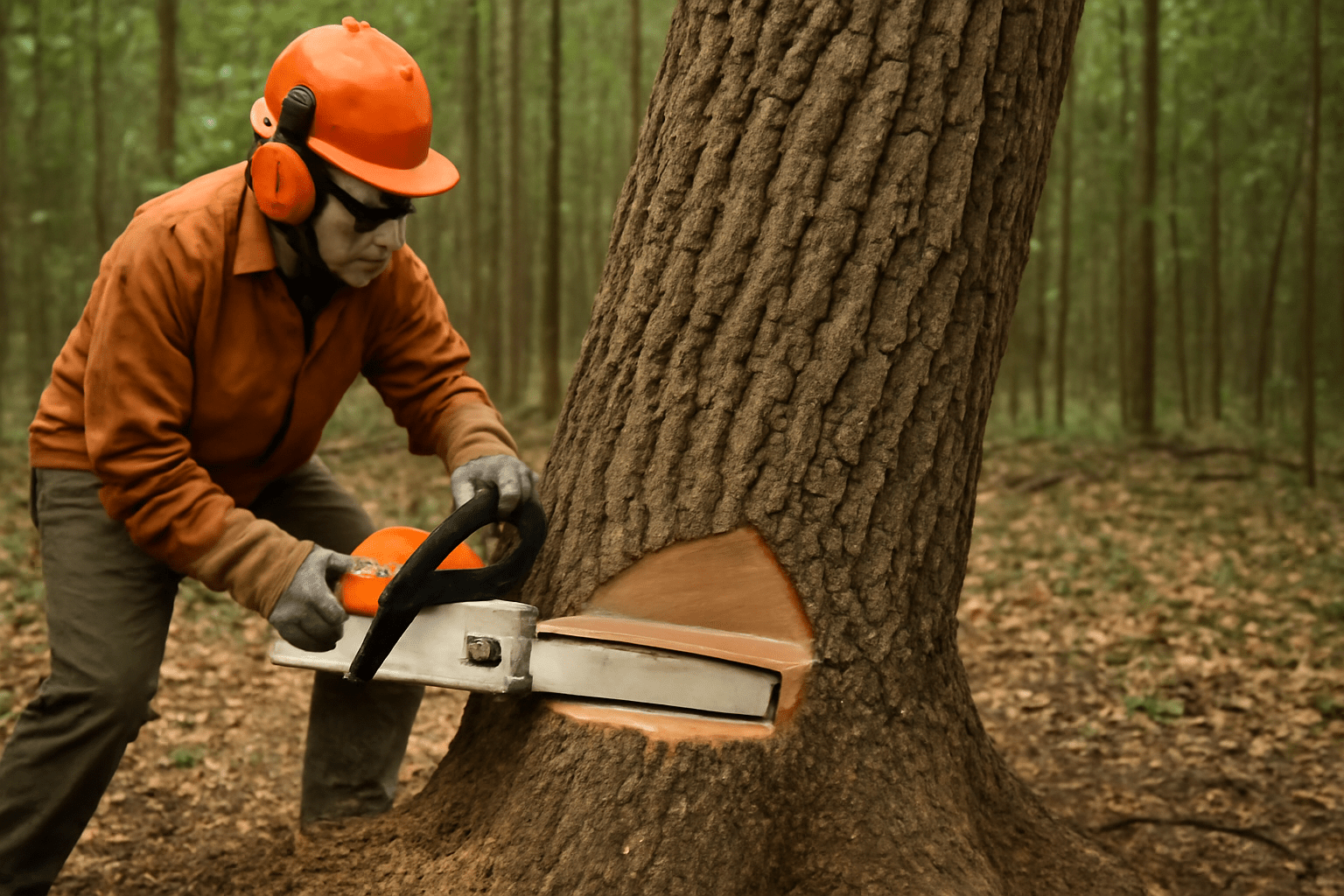 "Person making the first notch cut on a hickory tree with chainsaw."