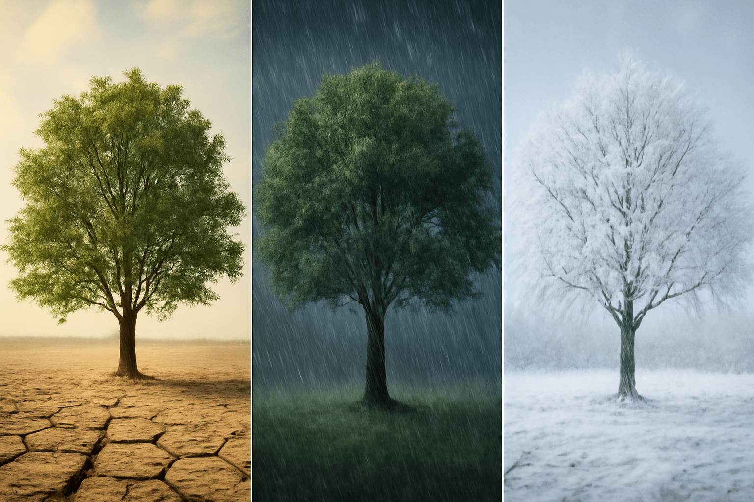 "Collage of weather conditions affecting hickory nut production: drought, heavy rain, and frost."