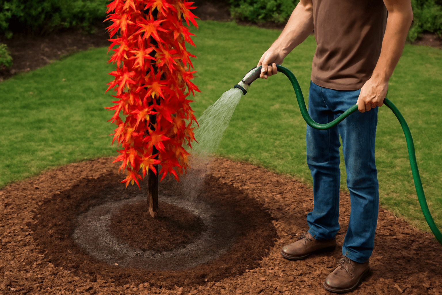 "Gardener watering the Liquidambar Slender Silhouette Sweetgum Tree with a hose and healthy soil."