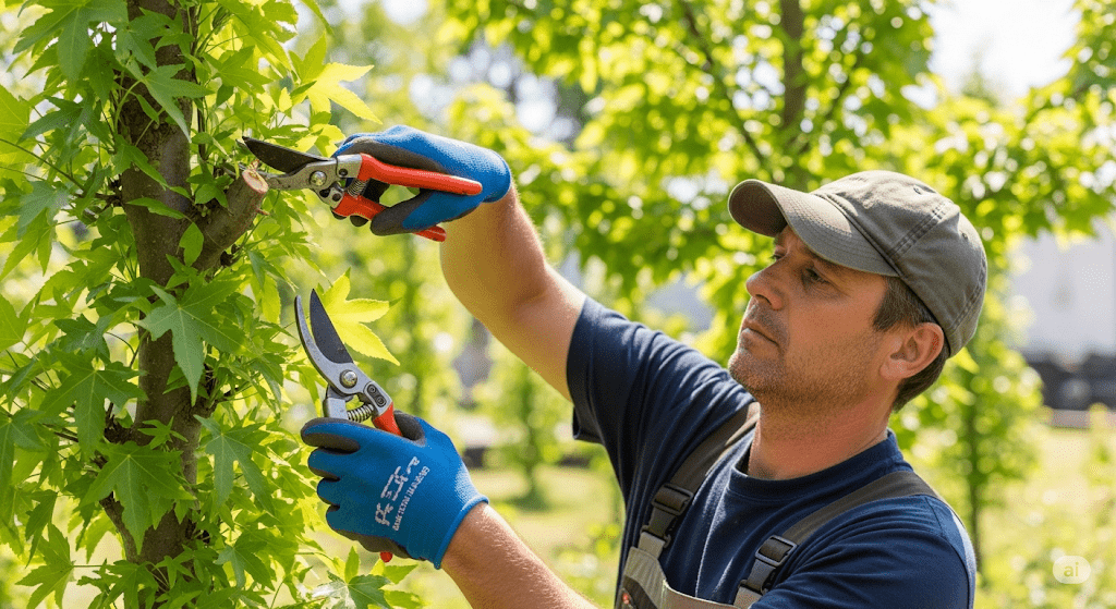 Gardener pruning a columnar sweetgum tree to maintain its narrow, columnar shape.