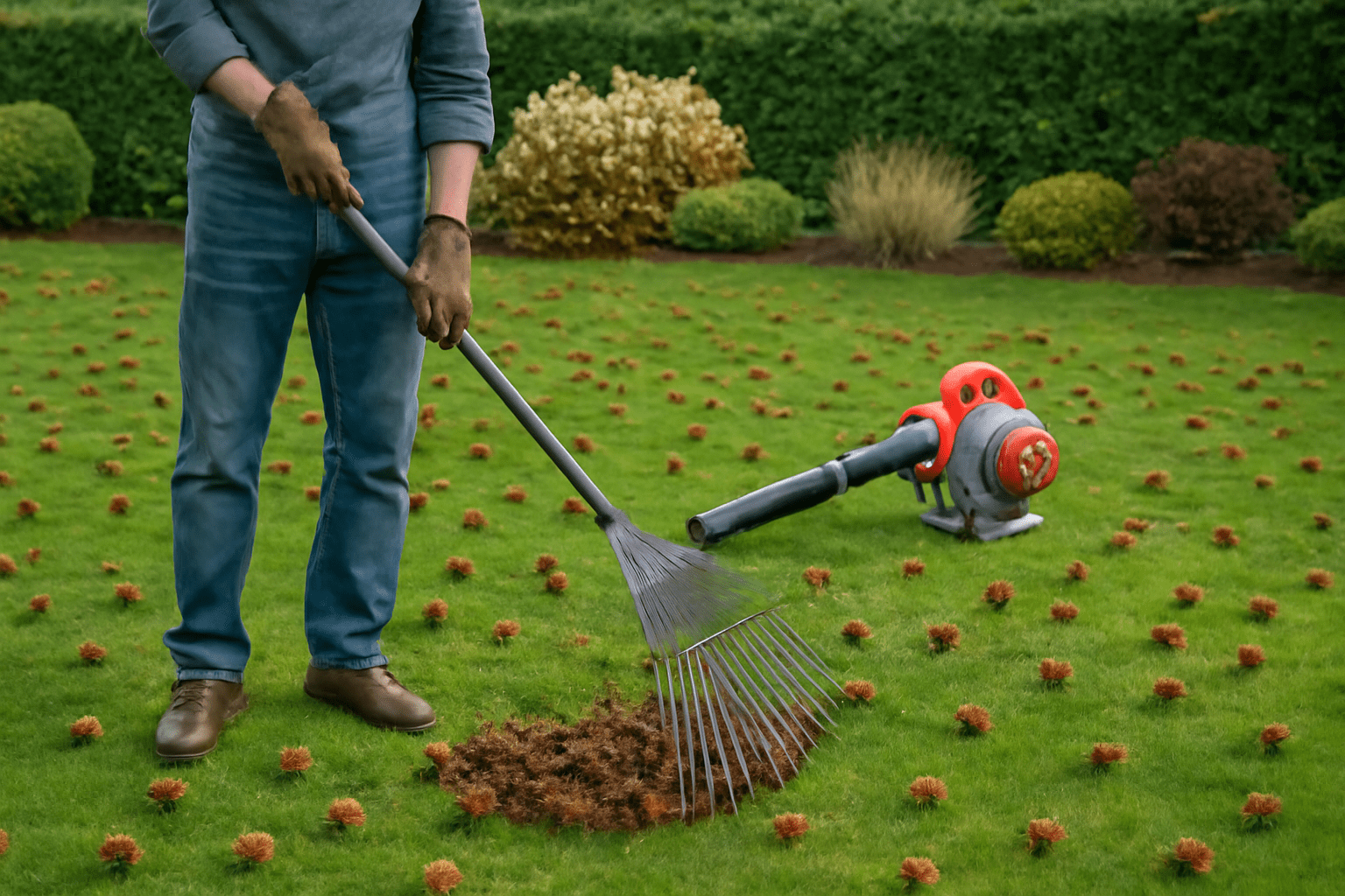 Gardener using a rake to gather sweetgum seed pods from the lawn during seasonal cleanup.