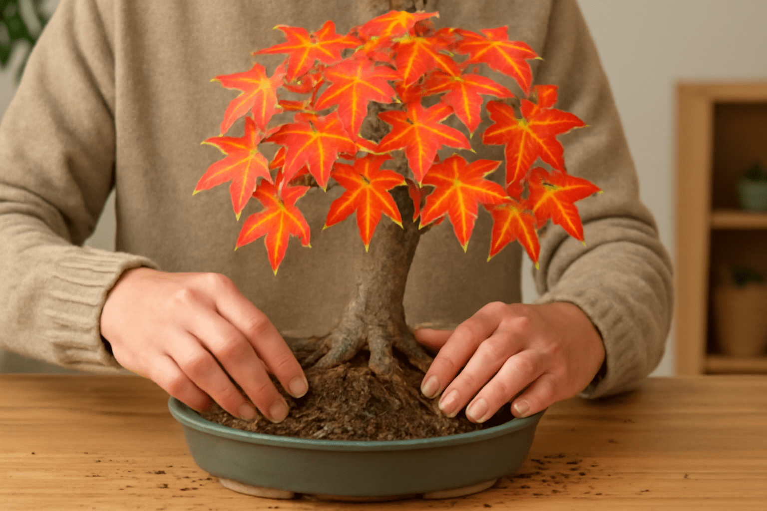Gardener planting American Sweetgum Bonsai in a shallow pot with fresh, well-draining bonsai soil.