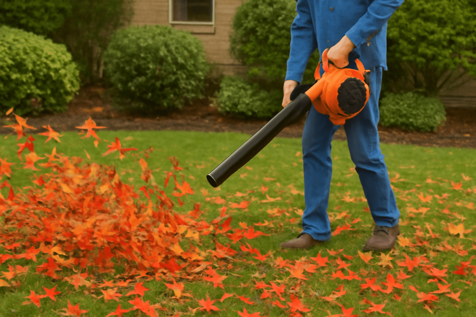 Person using a leaf blower to clear sweetgum leaves and gum balls from the yard during autumn cleanup.