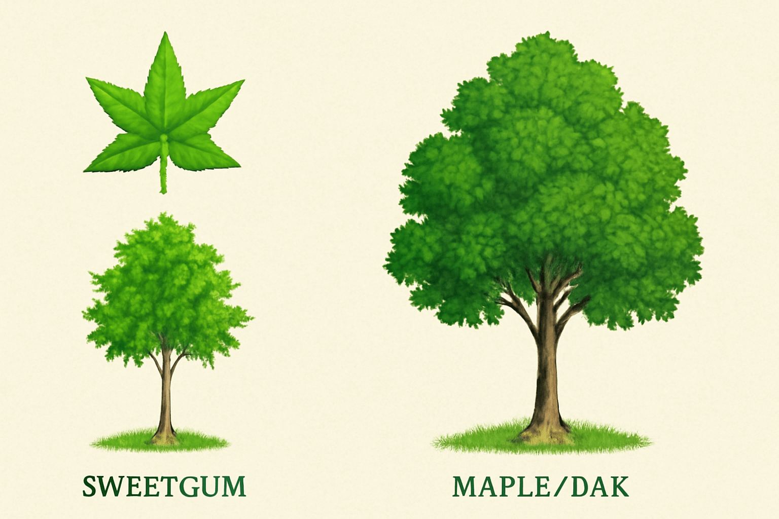 Comparison of sweetgum tree with other common trees, showing unique star-shaped leaves and rapid growth.