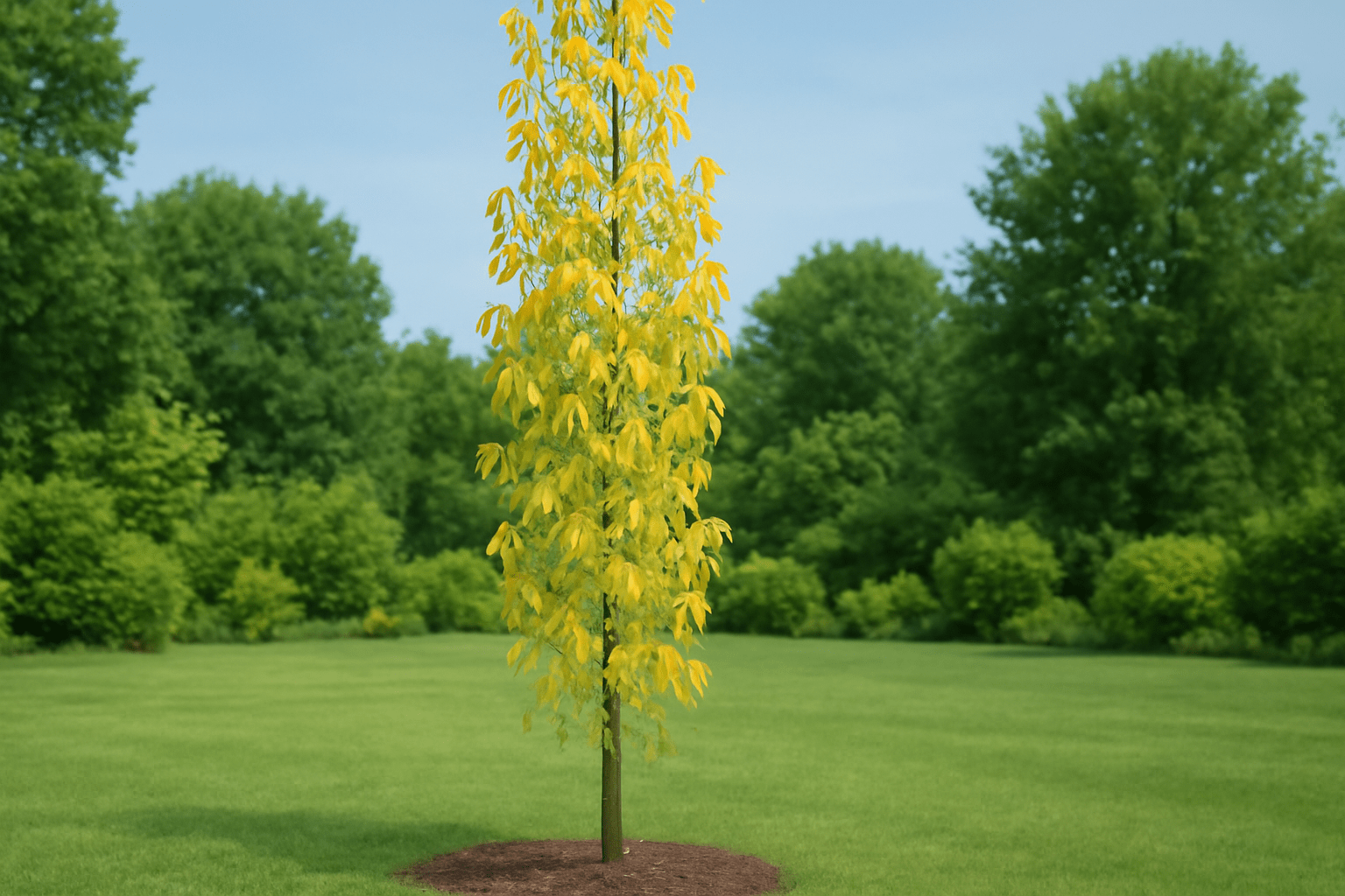 "Slender Silhouette Sweetgum tree with yellowing leaves, indicating nutrient deficiencies like nitrogen or iron."