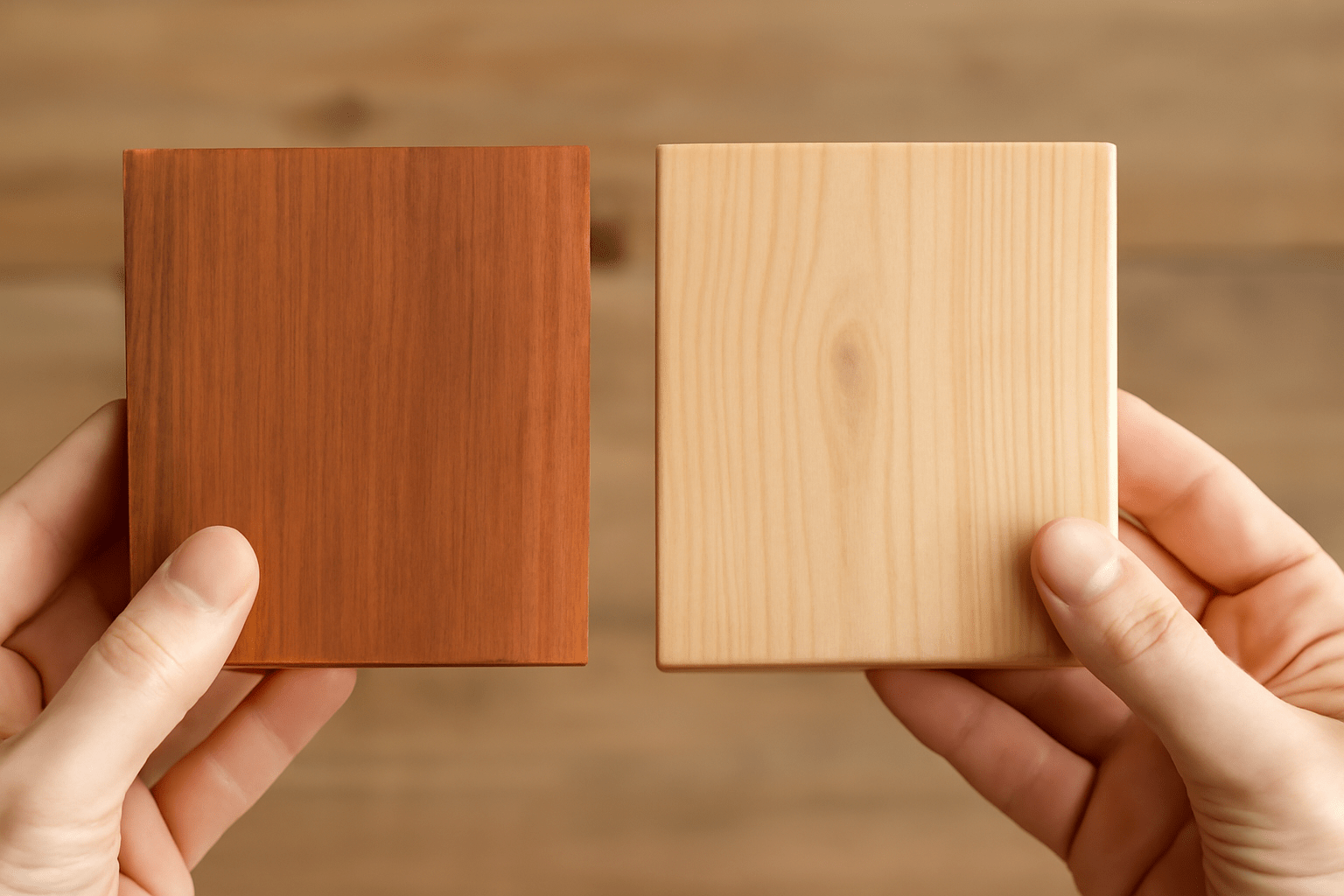 Two hands hold square wood samples; the left is dark red-brown with fine grains, and the right is light beige with visible knots, on a blurred wooden background.