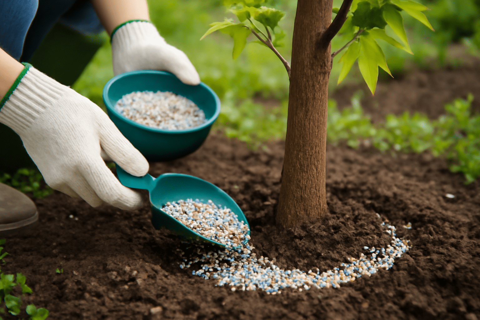"Gardener applying balanced fertilizer around the base of a Chinese Sweetgum tree in spring."