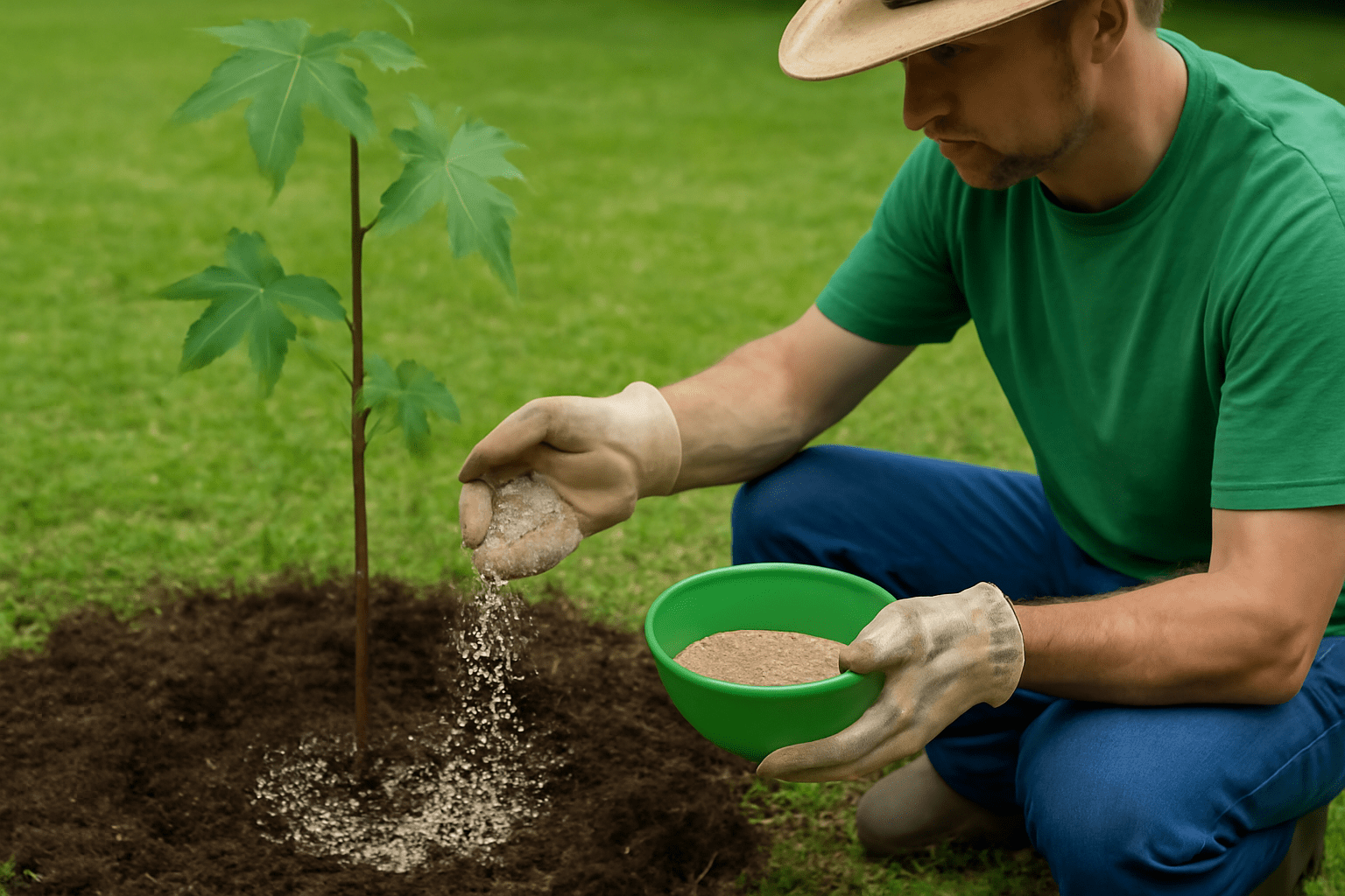 "Gardener applying balanced fertilizer around the base of a Cherokee Sweetgum Tree for optimal growth."