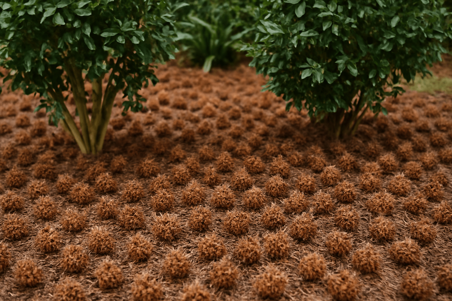 "Sweetgum pods being used as mulch in a garden bed around plants."