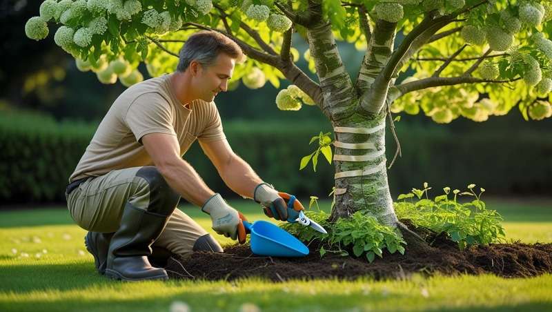 "Gardener pruning a fragrant ash tree, applying care techniques for healthy growth and vibrant blooms."