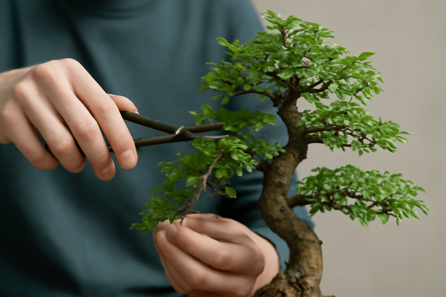 A person carefully trims a bonsai tree using scissors, focusing on precise cuts for shaping the plant. 