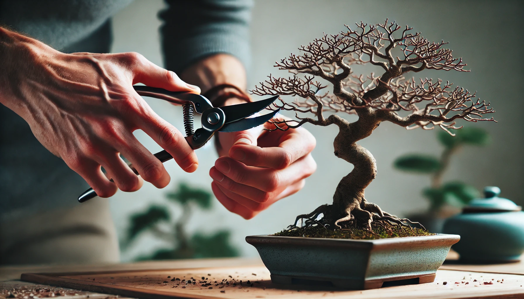 A person carefully prunes a bonsai tree with scissors, showcasing intricate branches and a textured trunk in a serene setting.