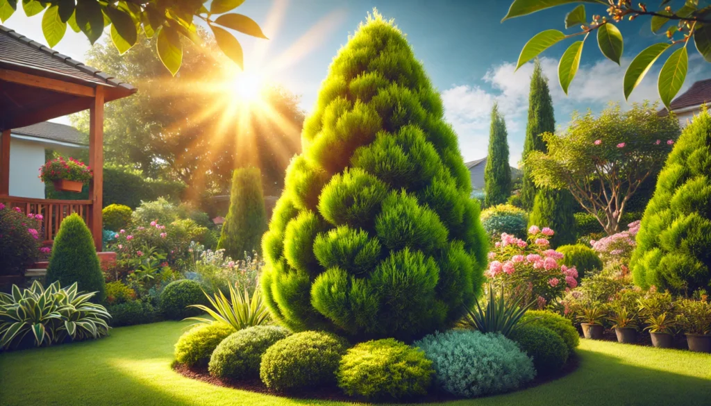 A vibrant garden at sunrise features lush green trees, colorful flowers, and manicured shrubs, creating a serene outdoor oasis.