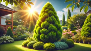 A vibrant garden at sunrise features lush green trees, colorful flowers, and manicured shrubs, creating a serene outdoor oasis.
