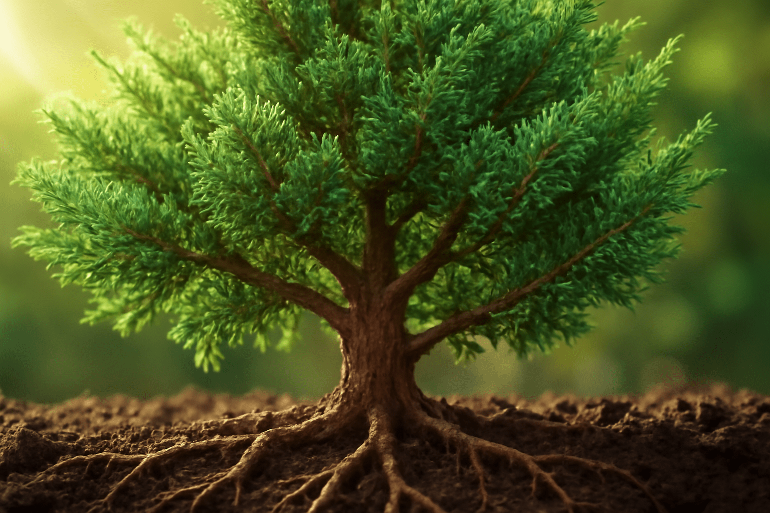A vibrant green tree with expansive foliage and strong roots, set against a soft, blurred natural background illuminated by sunlight.