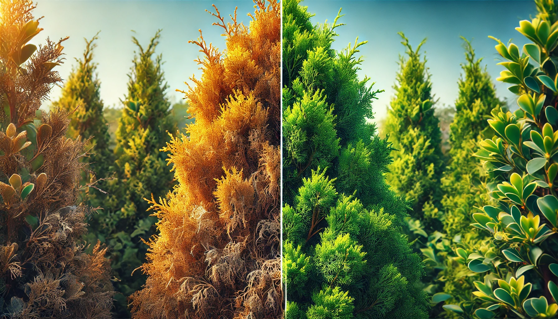 A split image shows vibrant green trees on the right and dry, browning trees on the left, highlighting contrasting plant health.
