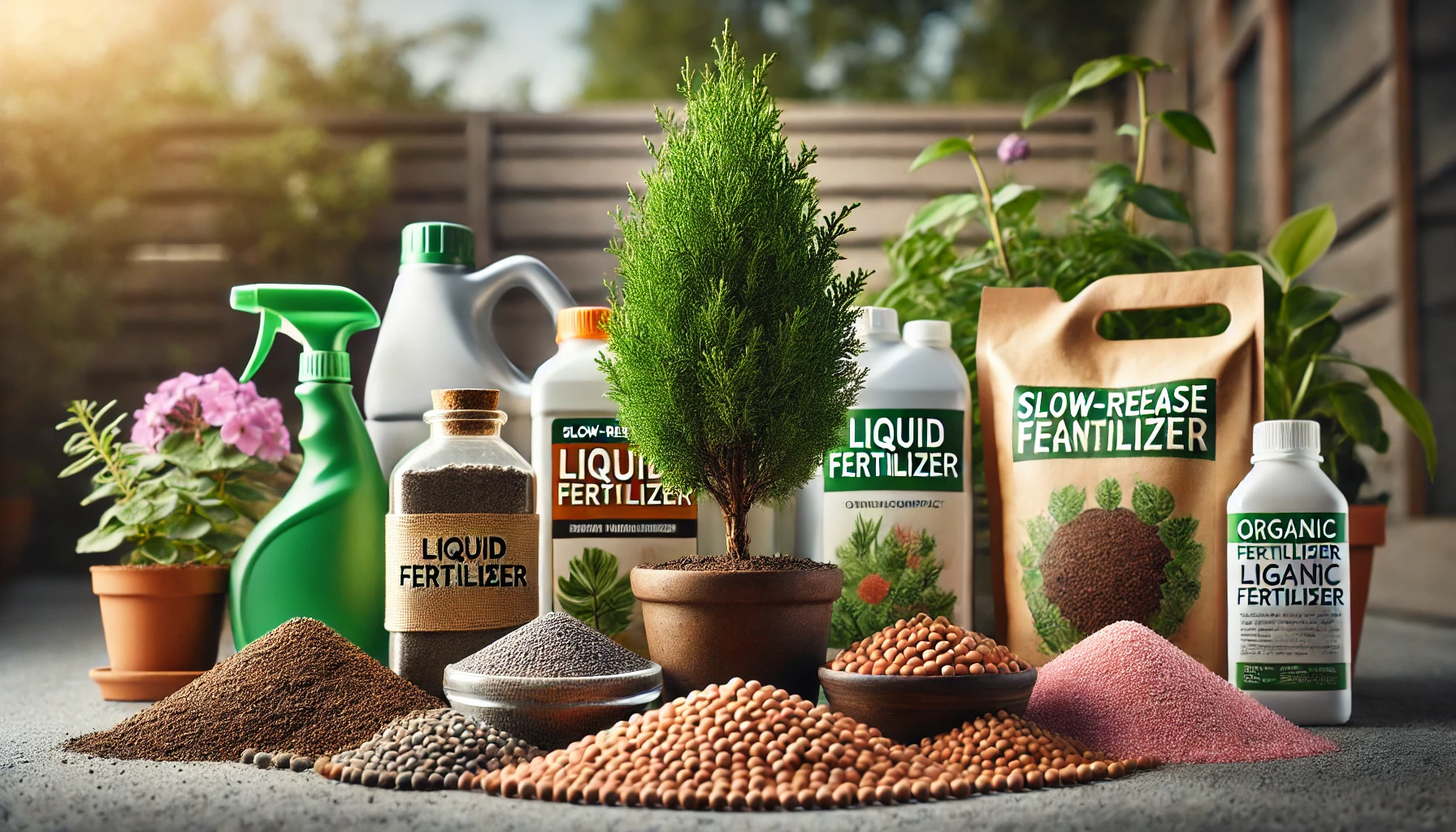 A variety of gardening fertilizers, including liquids and granules, arranged with a small potted tree and flowers in natural light.