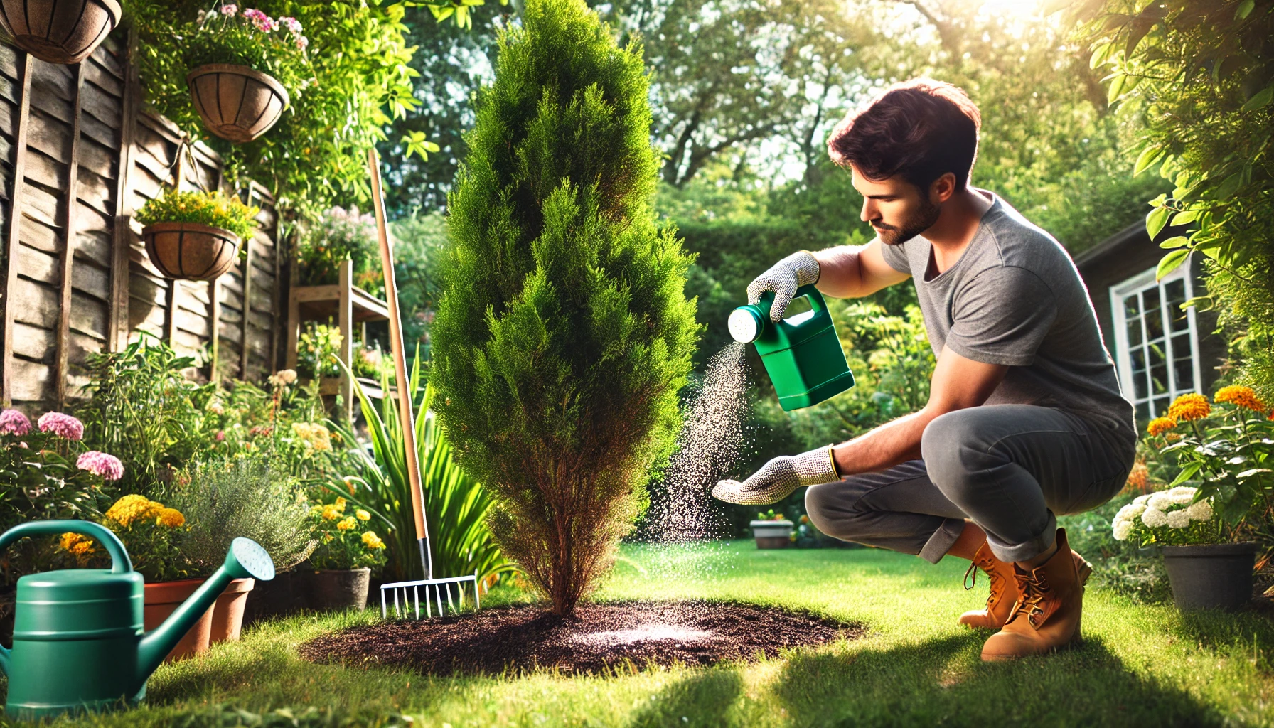 A person waters a young tree in a vibrant garden filled with flowers and greenery, with a watering can and gardening tools nearby.