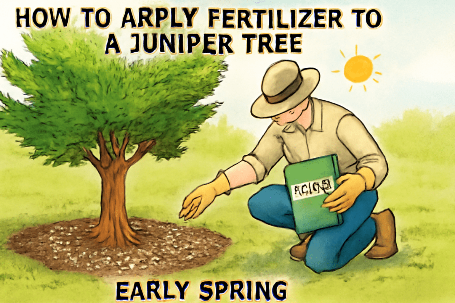 A gardener wearing a hat and gloves applies fertilizer to a juniper tree in springtime, with a sunny background.