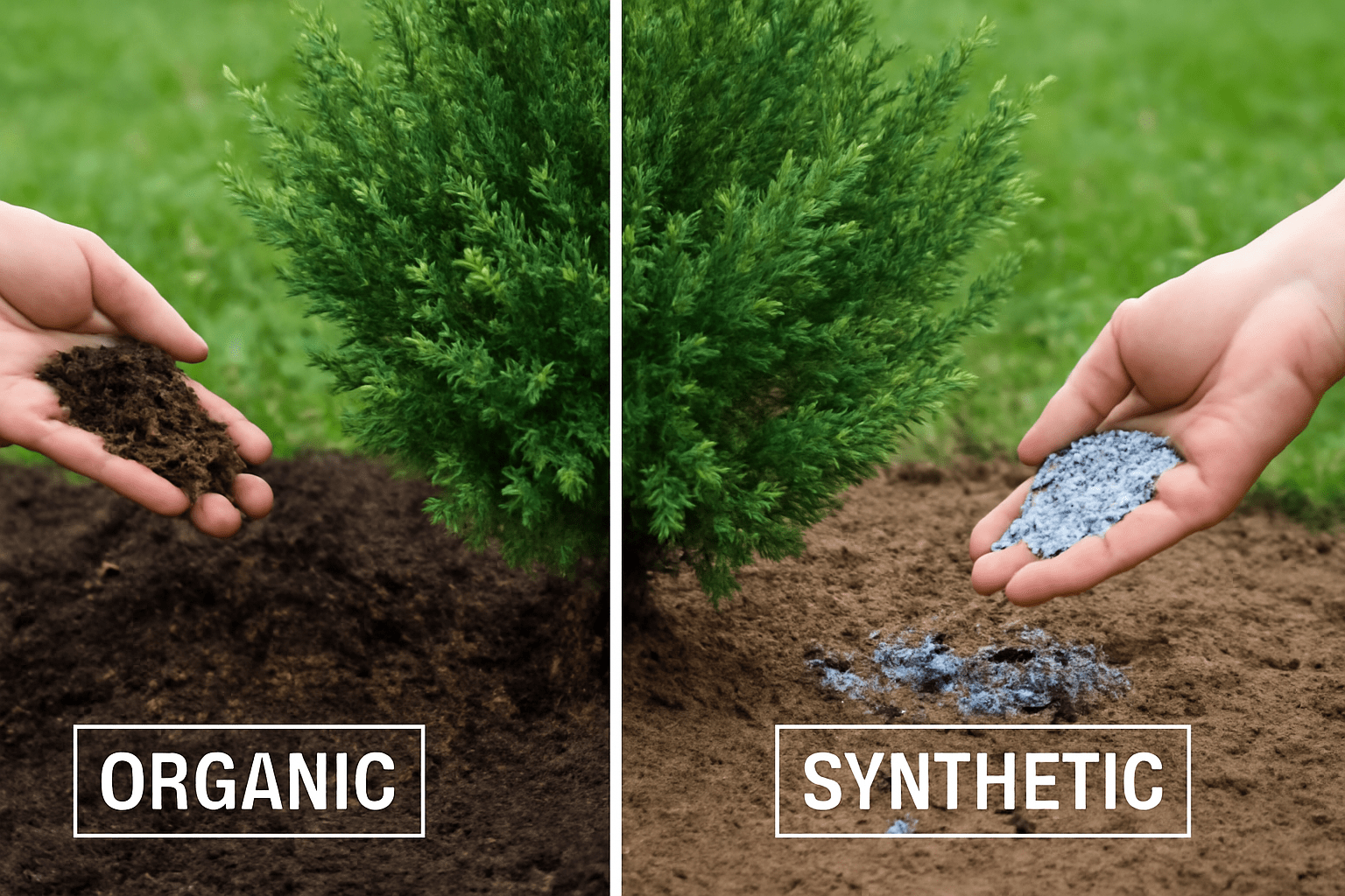 Visual comparison of organic versus synthetic soil and grass, featuring the words "organic" and "synthetic" prominently.