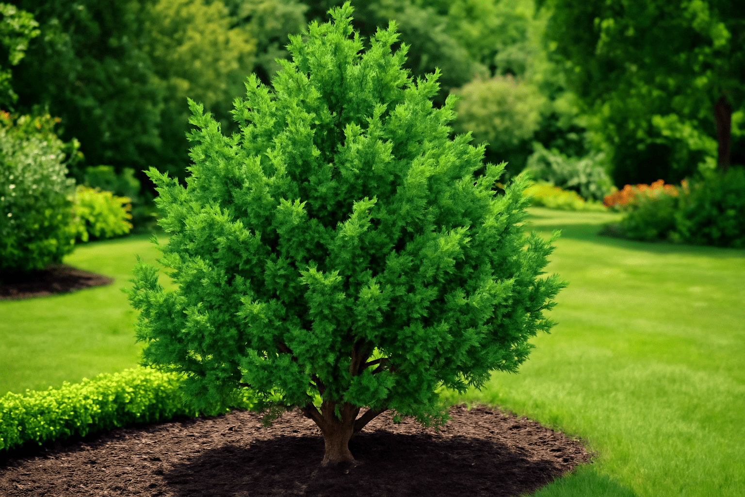A small tree with lush green leaves stands in a vibrant garden setting.