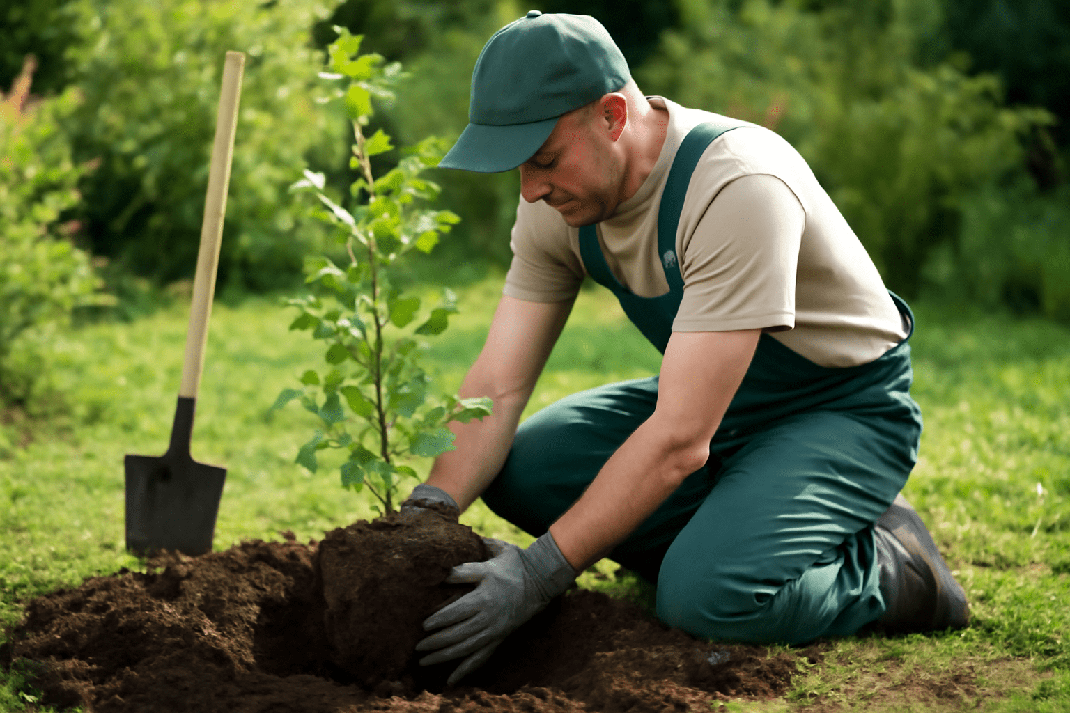 A man wearing overalls is planting a small tree, focusing on nurturing the environment.