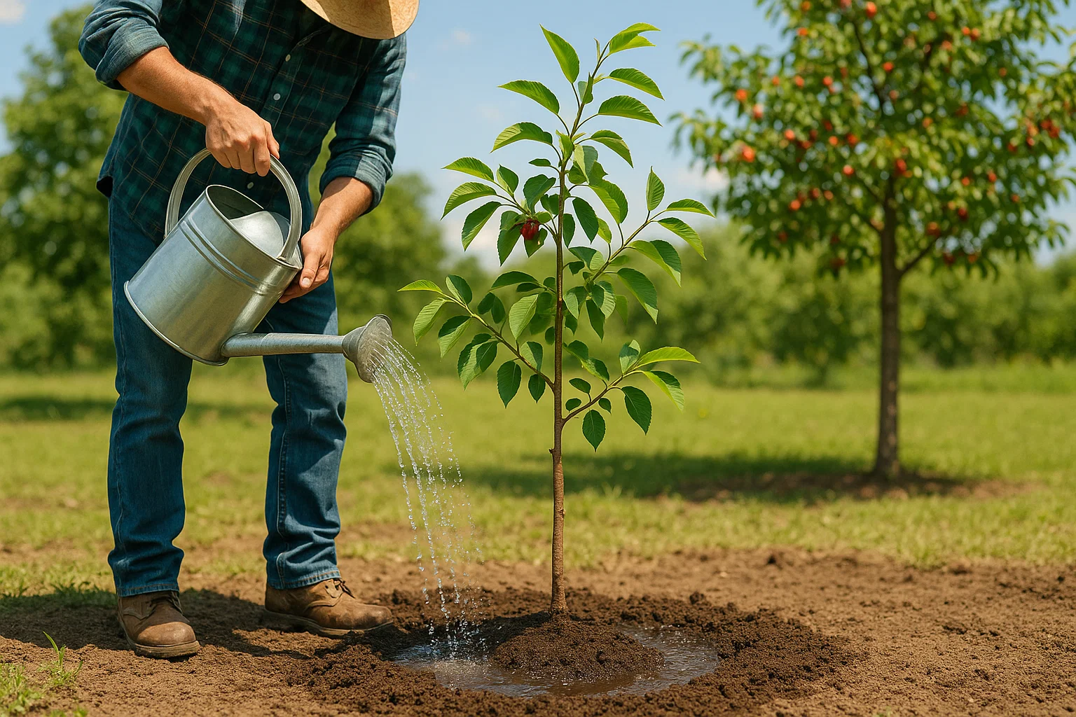 A person in jeans and boots waters a young tree with a metal watering can in an orchard on a sunny day.