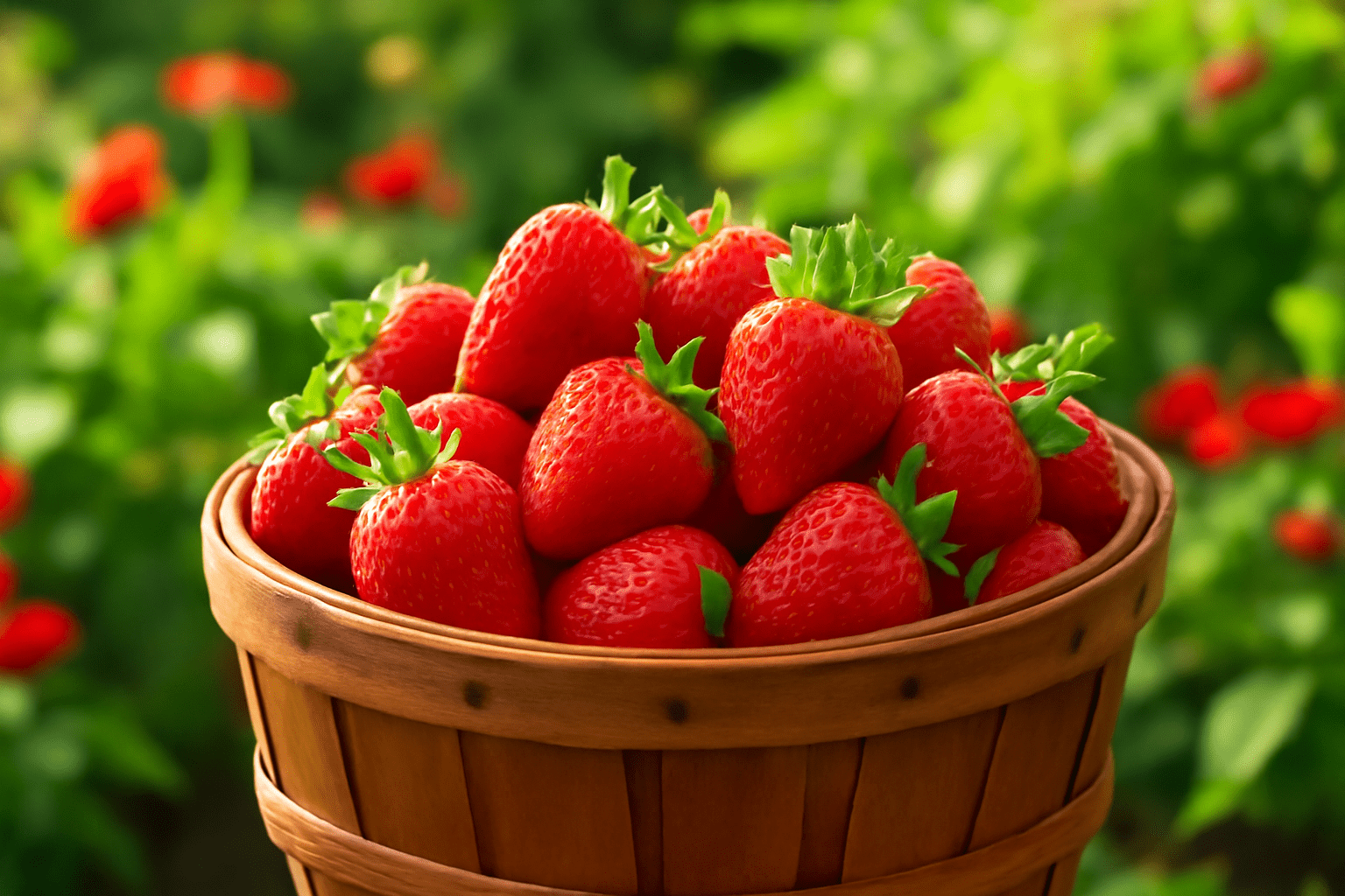 Basket filled with vibrant red strawberries against a lush green garden background, conveying freshness and a sense of summer abundance.