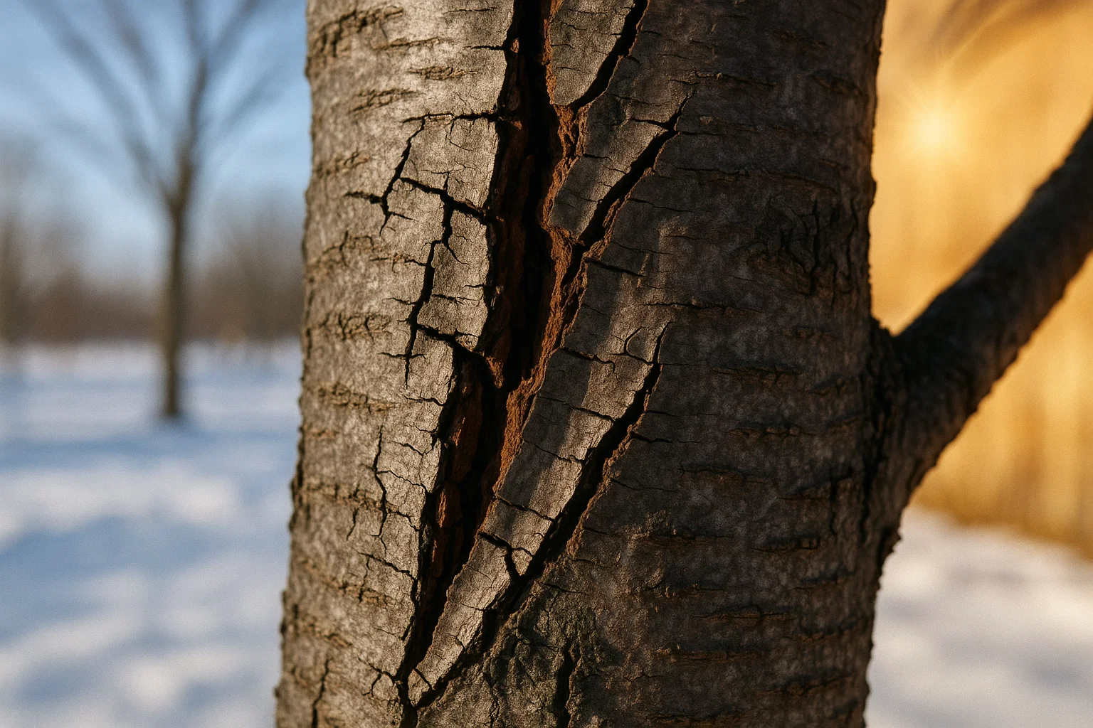 Close-up of a cracked tree bark, showcasing deep fissures and texture, with a blurred snowy landscape and soft light in the background.