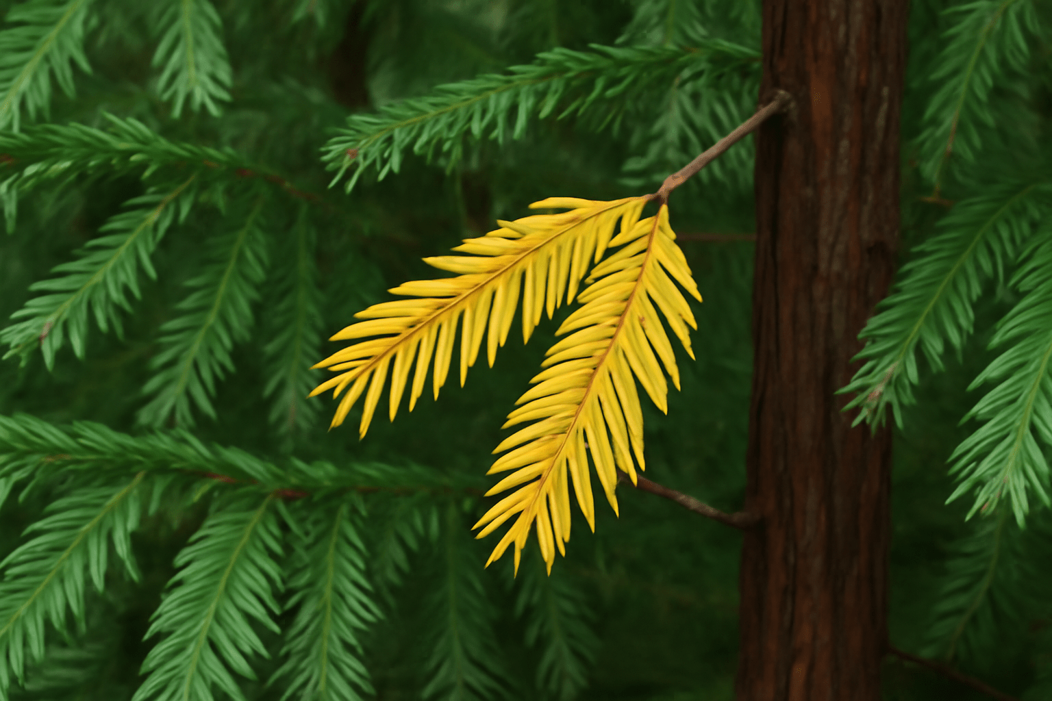 Close-up of a tree branch with vibrant yellow pine needles against a backdrop of lush green foliage, conveying a contrast of autumn and evergreen tones.