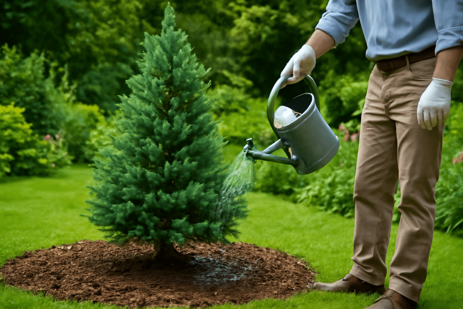 A person wearing gloves waters a young evergreen tree in a lush green garden with a metal watering can, conveying care and growth.