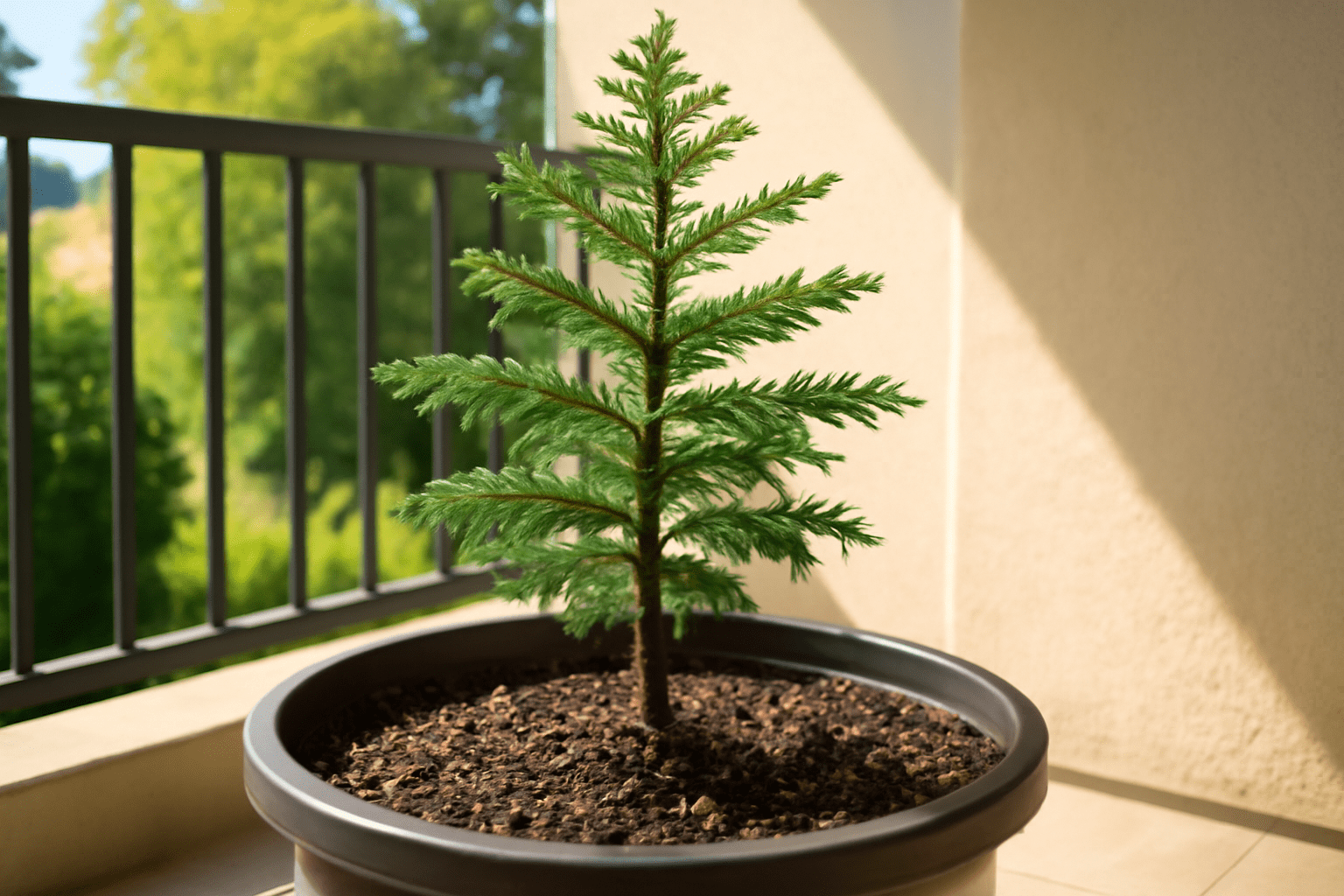 Potted young pine tree on a balcony with metal railing, surrounded by sunlit greenery. The scene conveys a serene, natural atmosphere.