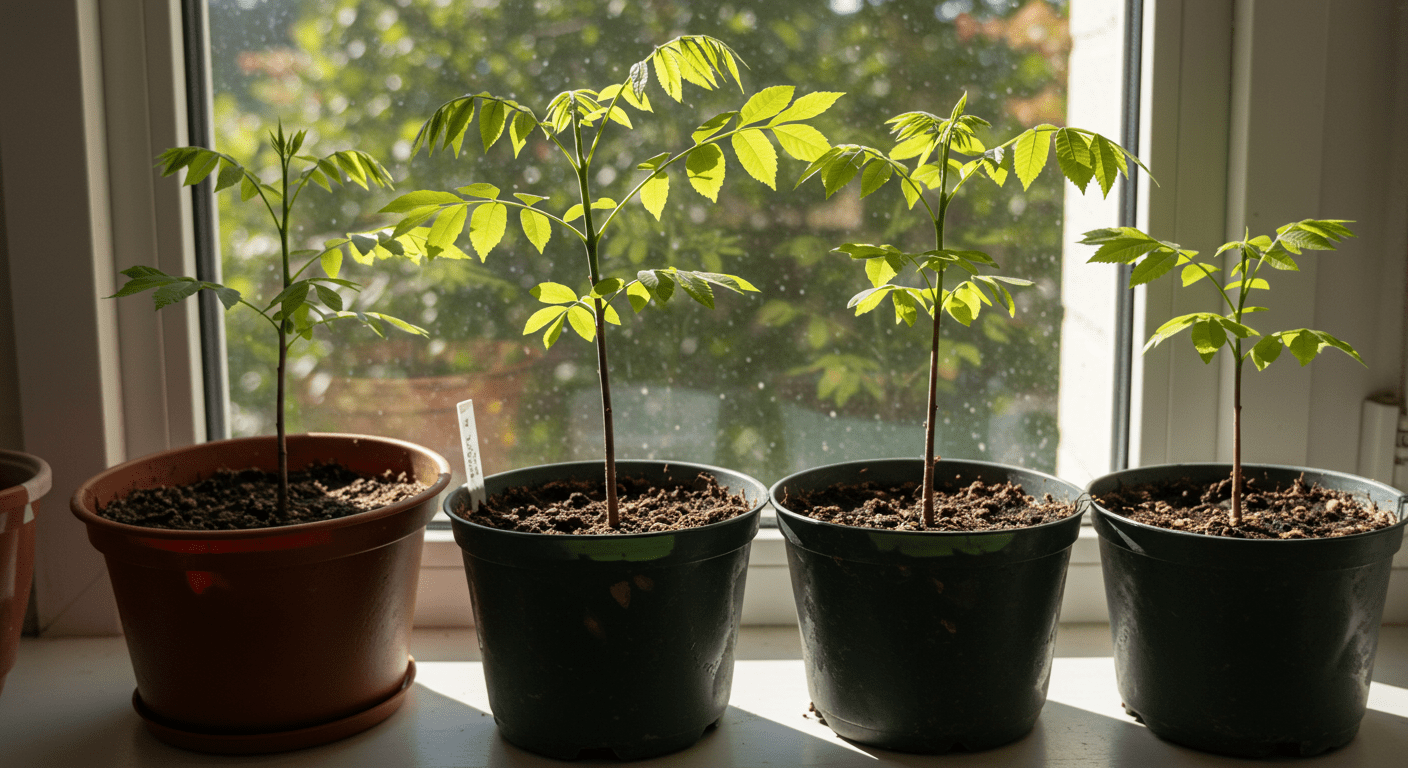 Ash tree seedlings growing in pots on a windowsill, receiving sunlight.