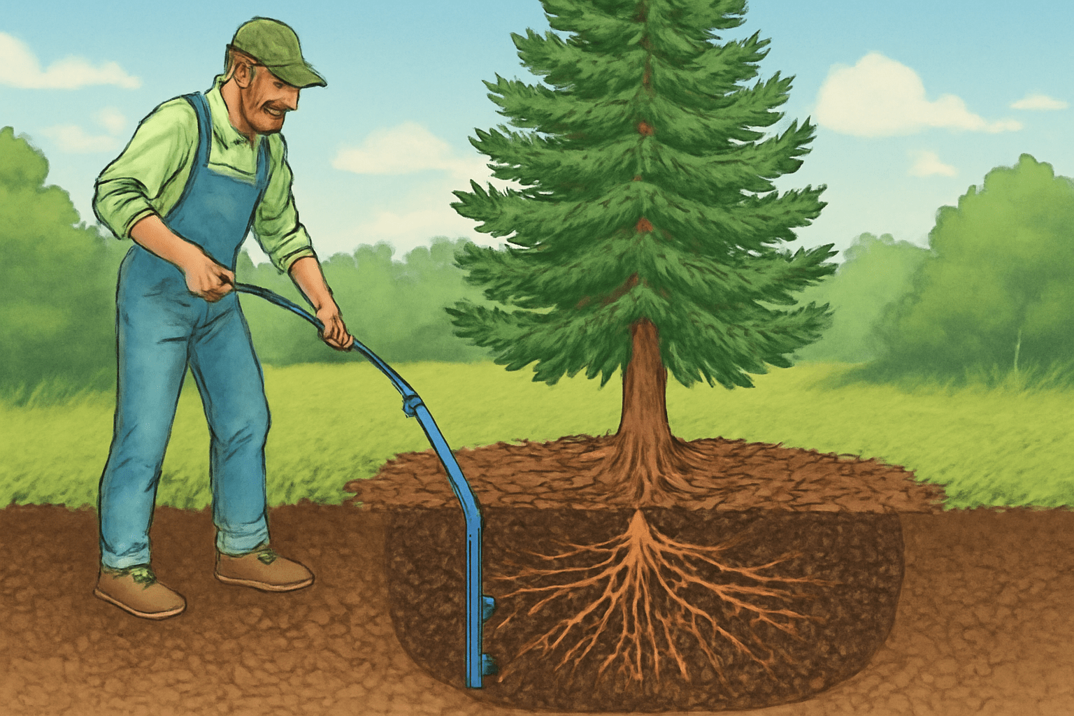 A man in overalls waters a tree using a blue hose. The tree's roots are visible underground. The scene is set in a green field with a blue sky above.