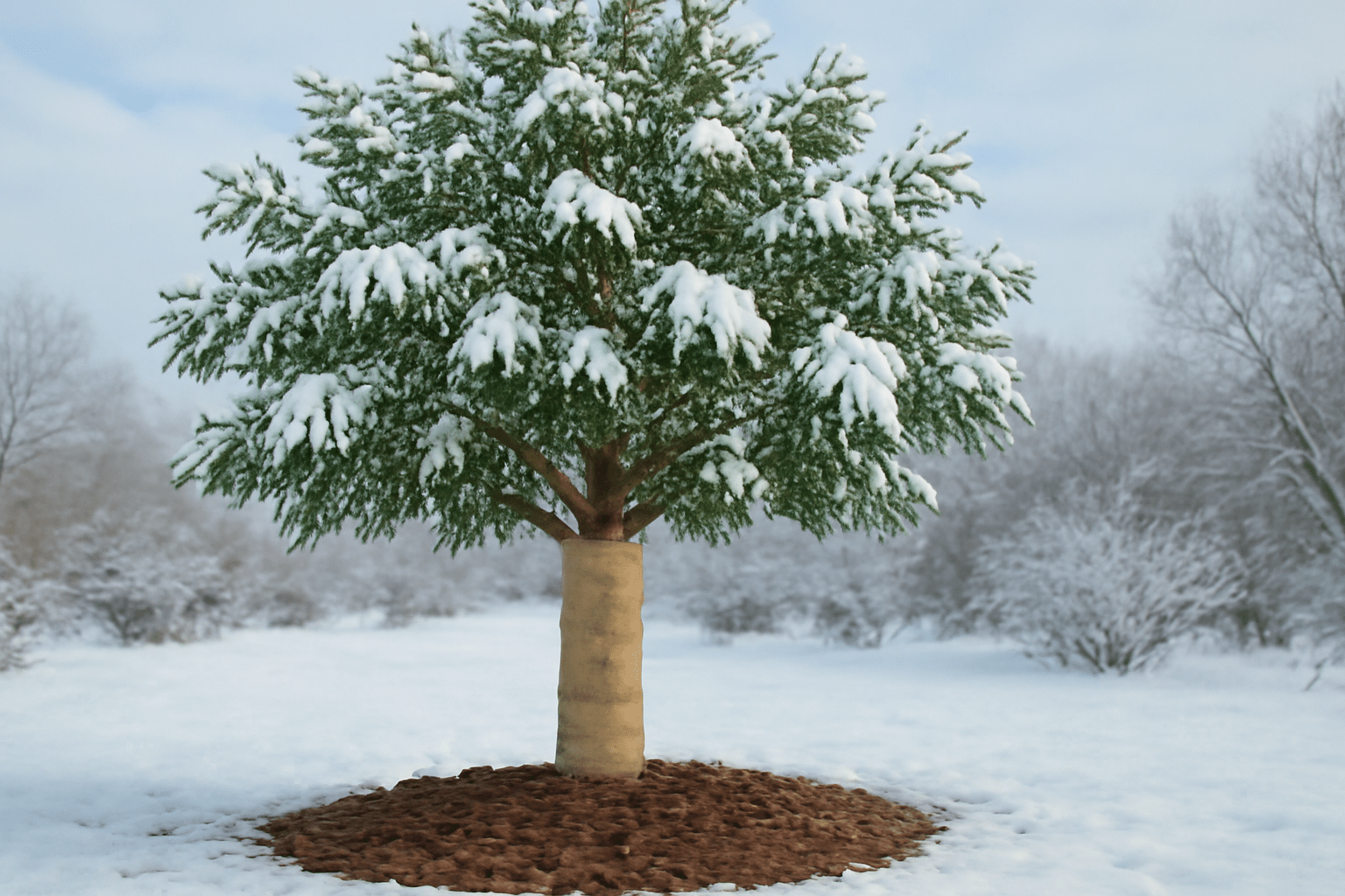 Winterized Fan Tex Ash Tree with mulch and burlap wrap around the trunk for frost protection.
