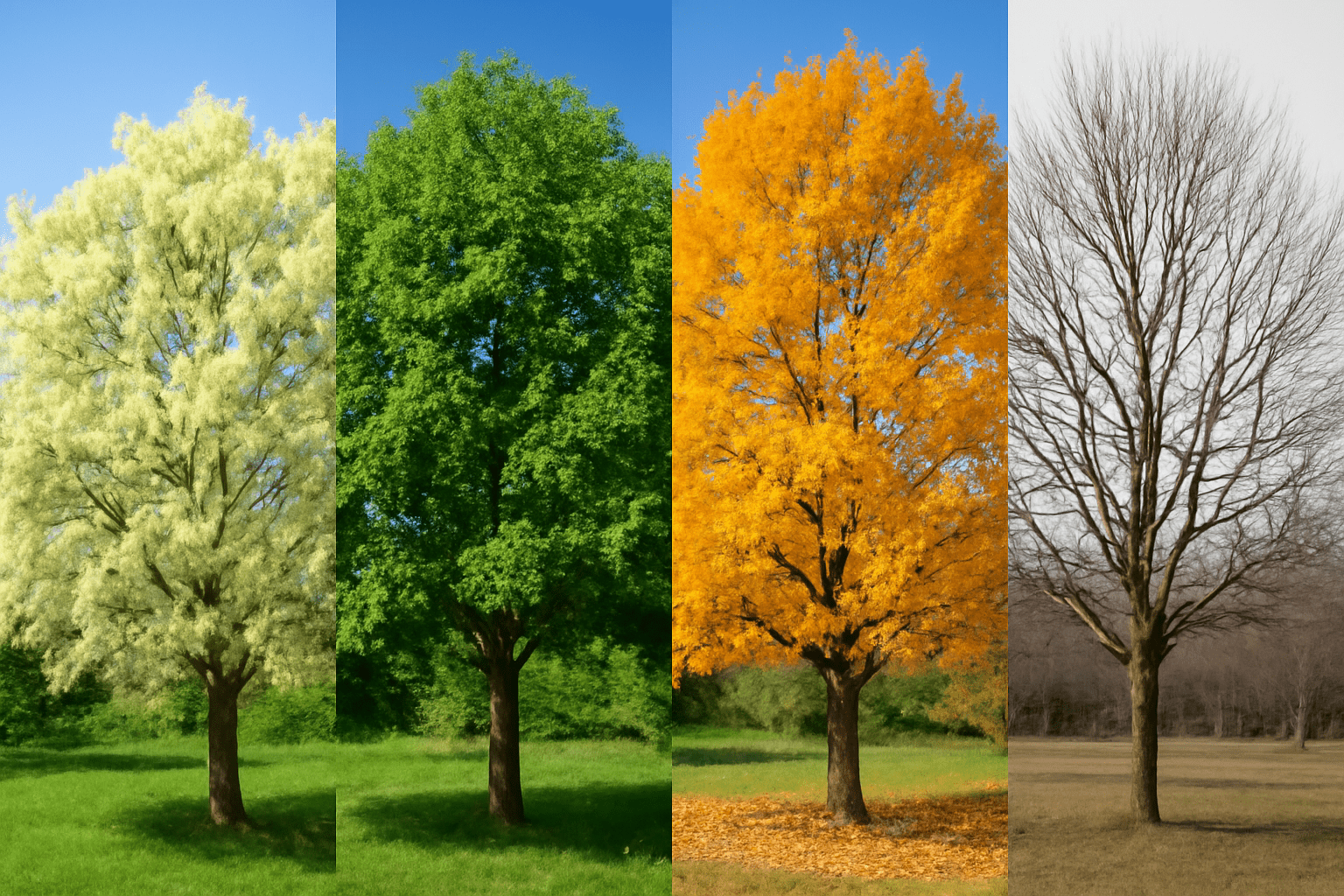 "Fragrant ash tree through the seasons, showcasing spring blooms, summer greenery, autumn gold, and winter structure."