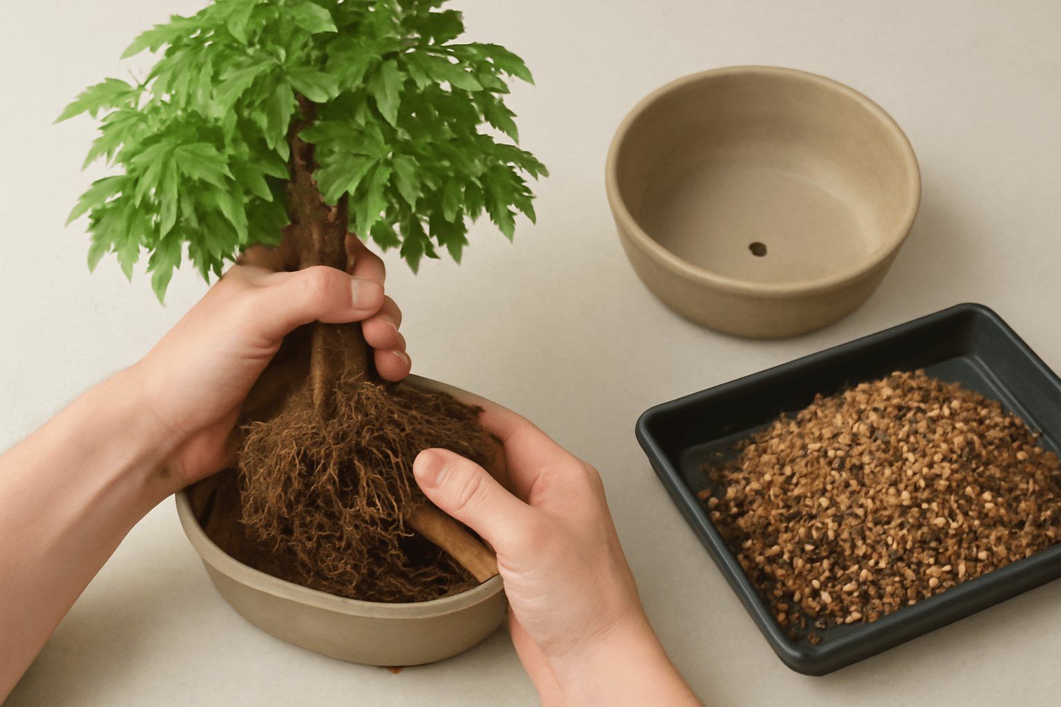 "Repotting an ash bonsai tree with fresh soil and proper root care."
