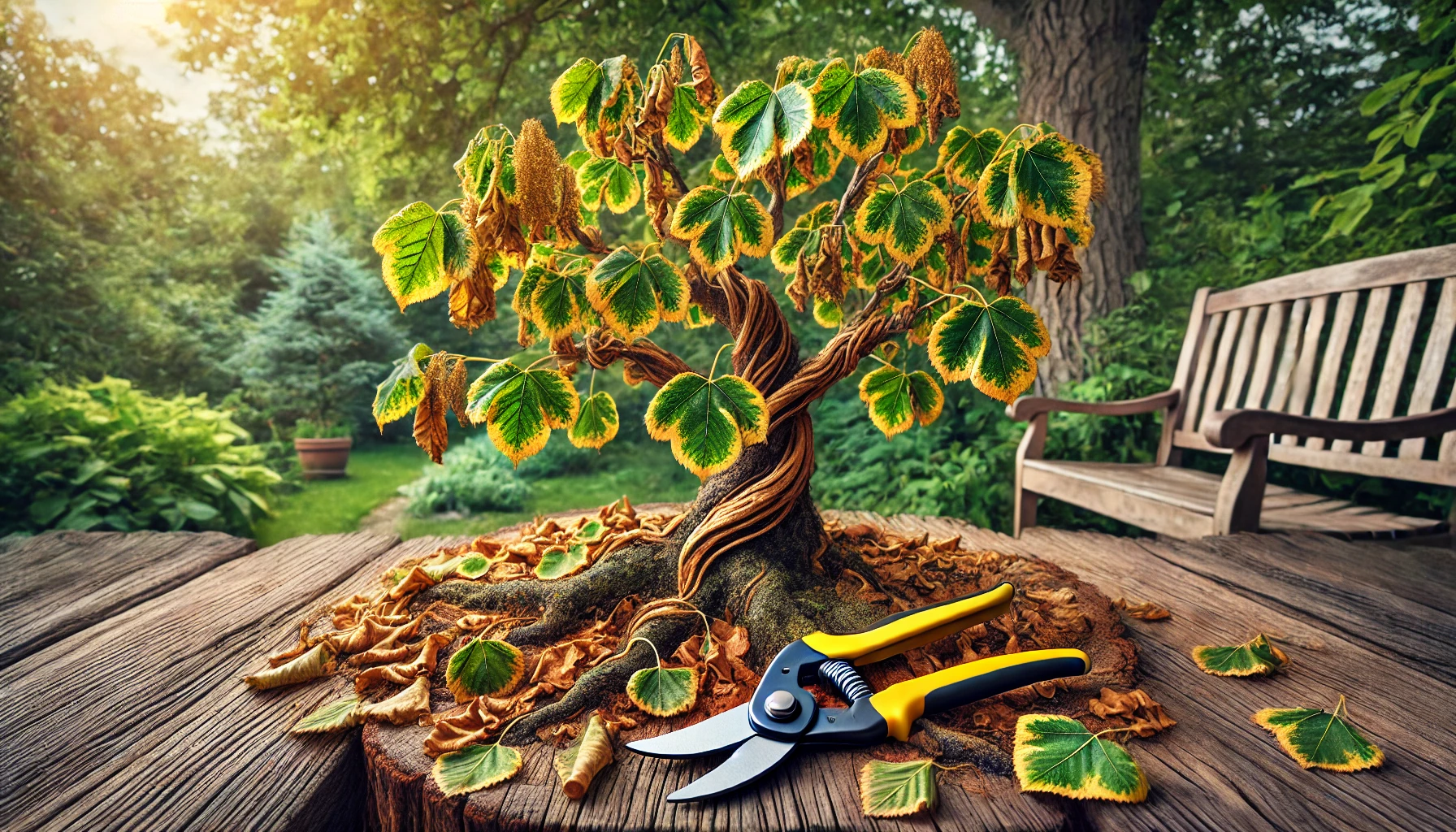 A vibrant bonsai tree with yellowed leaves rests on a wooden table, accompanied by pruning shears and a lush garden backdrop.