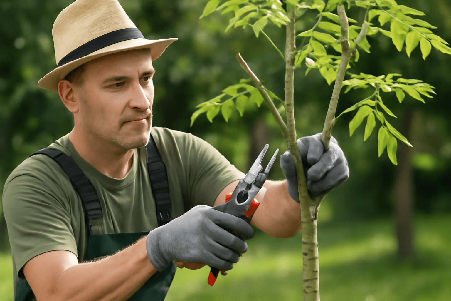 "Gardener pruning dead branches off an ash tree sapling using pruning shears."