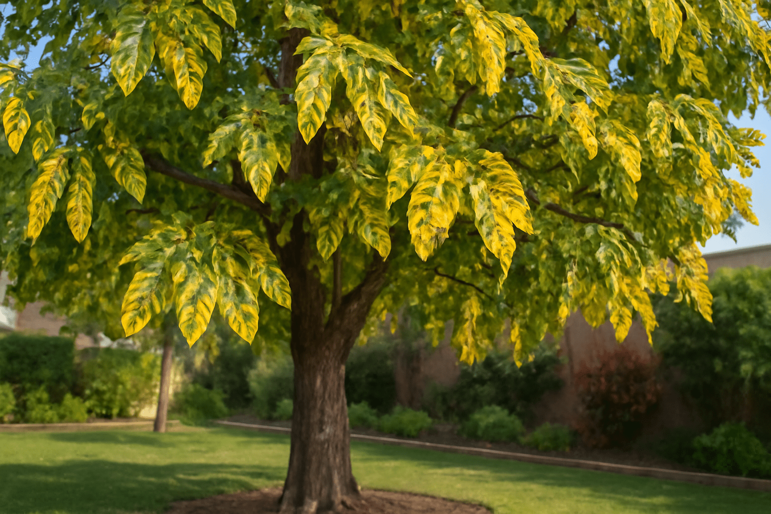 "Shamel Ash tree with yellowing leaves due to watering issues or nutrient deficiency."