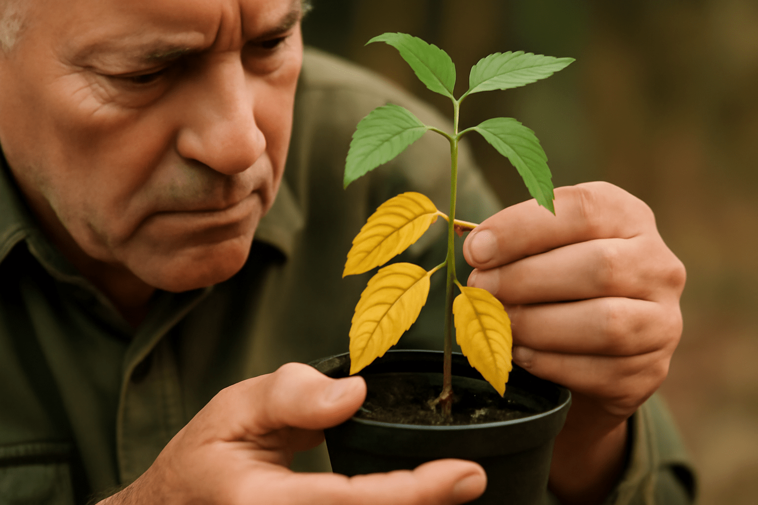 "Gardener inspecting a young white ash tree seedling with yellowing leaves, checking for overwatering or pest damage."