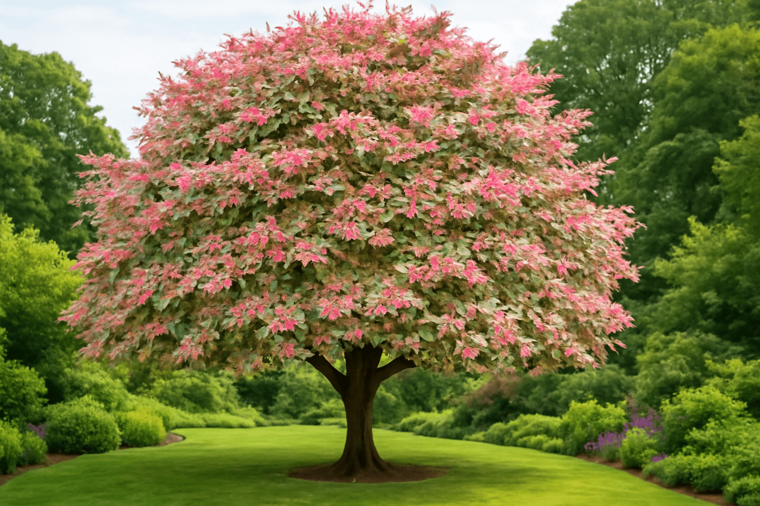 A vibrant tree with lush pink and green foliage stands in the center of a well-maintained lawn, surrounded by dense greenery under a clear sky.