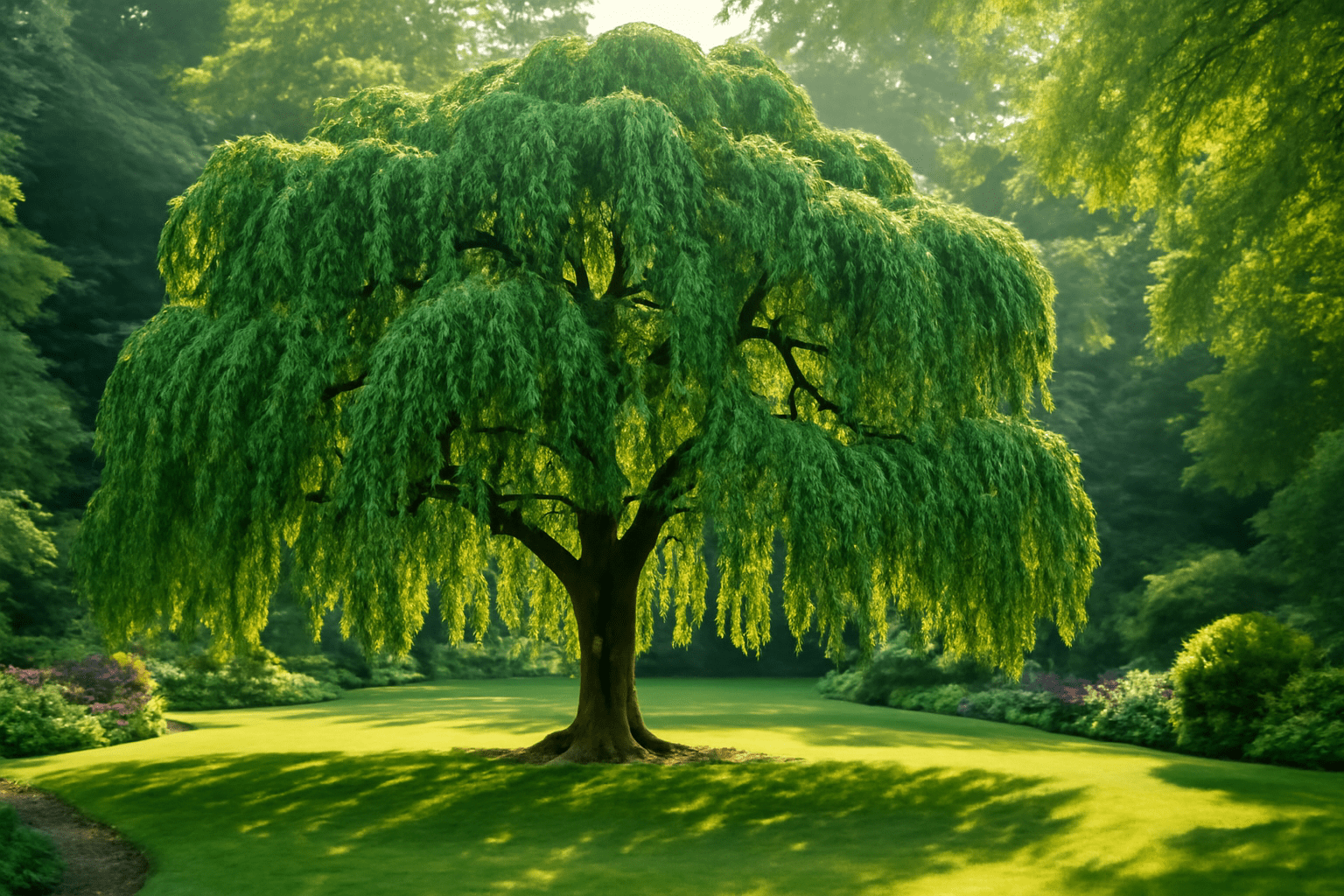 A majestic weeping willow tree stands in a sunlit garden, surrounded by lush green grass and vibrant foliage, conveying serenity and natural beauty.
